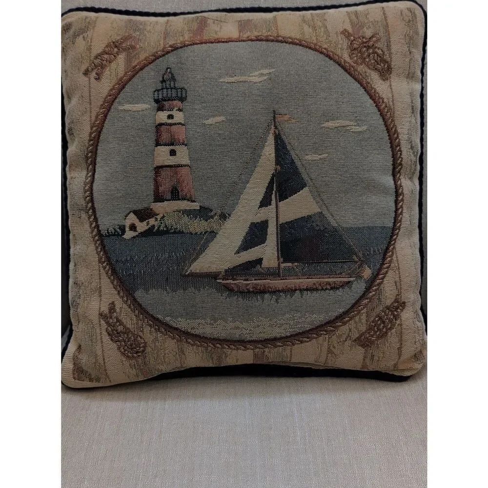 Nautical Tapestry Accent Pillow Vintage Lighthouse Sailboat Decor